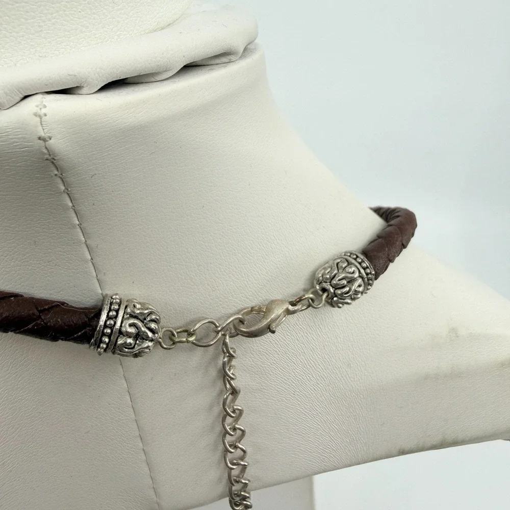VTG Amber & Silver Resin Statement Necklace with Braided Leather Pendant